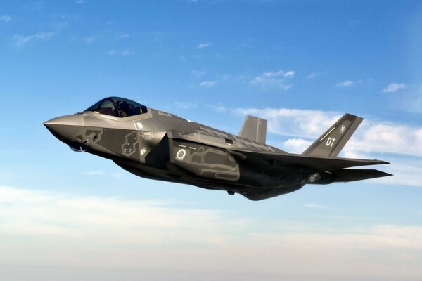 A fighter in flight against a calm sky