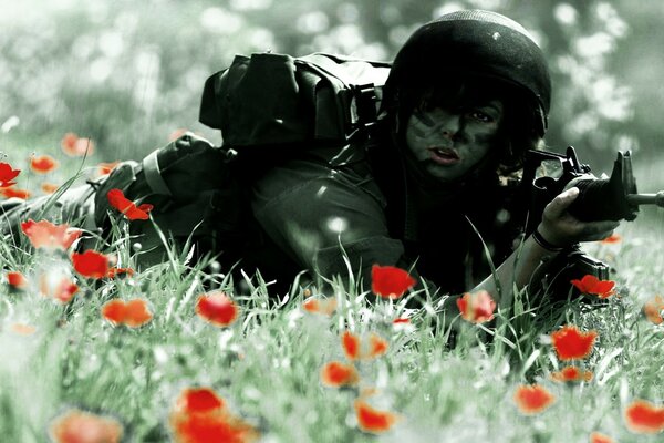 An infantry soldier in a camouflage suit on the lawn