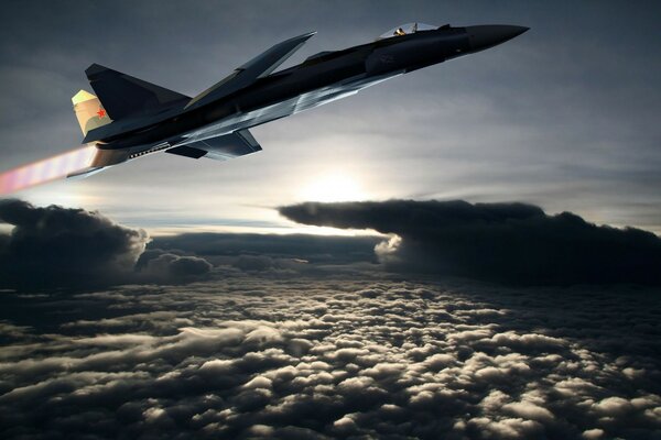 The plane flies over curly clouds