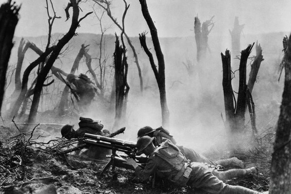 Soldiers with weapons on military operations in black and white