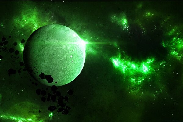 A planet in the green glow of stars