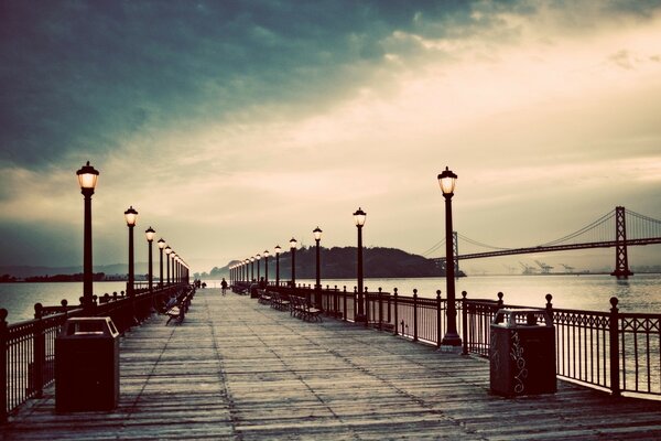 Bridge at sunset, walk on the bridge