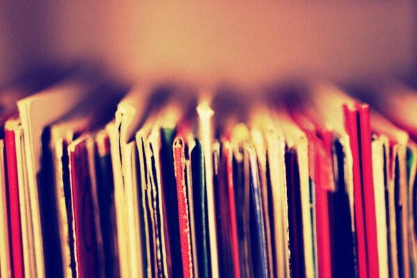 The exposition of vinyl records on the shelf