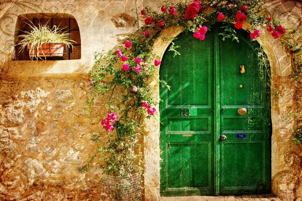 An old house with a green door