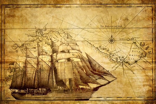 Old ship and island map