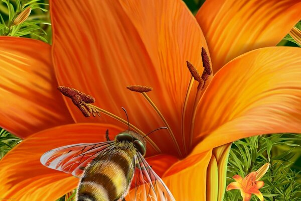 Lirio con una abeja en una hoja naturaleza