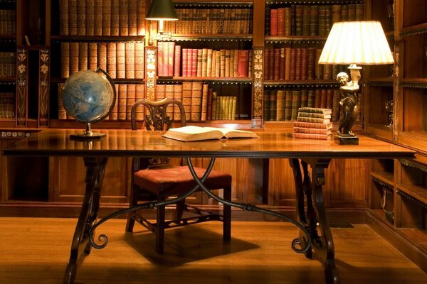 The interior of the library with a lit lamp