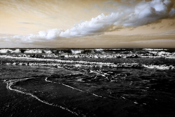 A gloomy ocean shore with waves