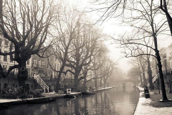 Foggy canal in vintage style