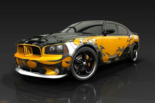 3d model of a black and yellow car