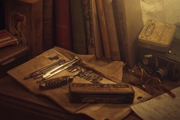 A set of vintage tools on the table