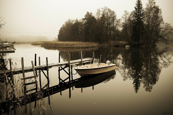 Peinture avec bateau et lac avec reflet de la forêt