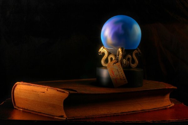 A blue snake ball stands on a book