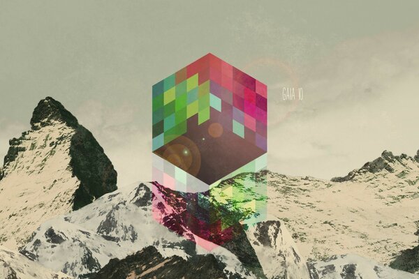 Mountainous terrain with a multicolored cube