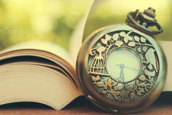 Antique carved clock on the background of an open book