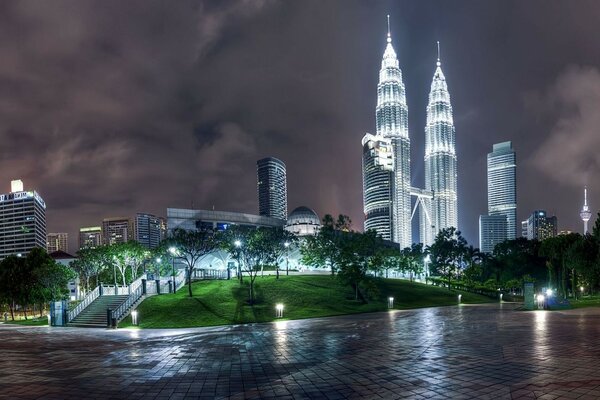 Night city with glowing lights