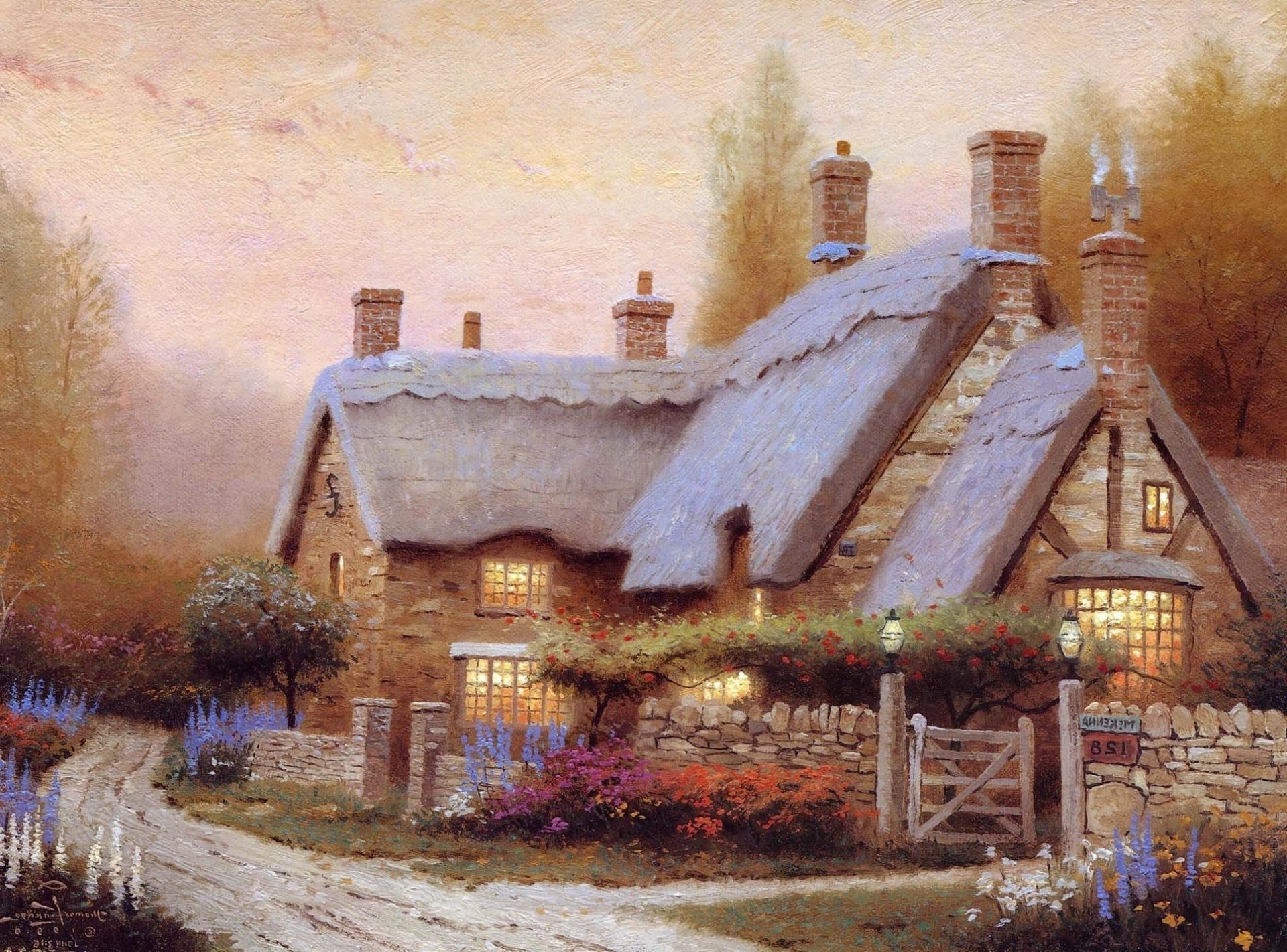 Kincaid cottage painting Thomas kinkade house summer color - Phone