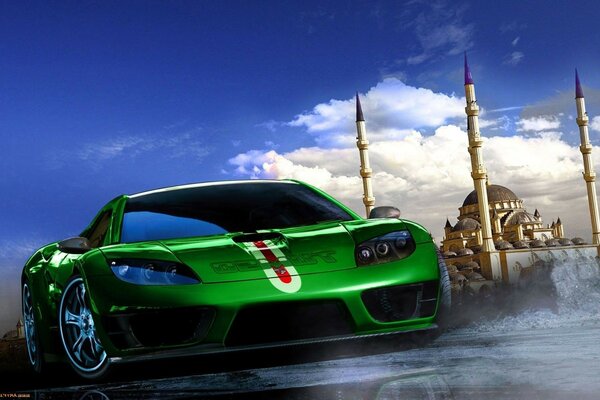 Green sports car on the background of a mosque