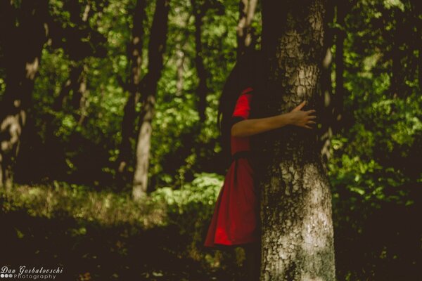 Mädchen in rot versteckte sich hinter einem Baum