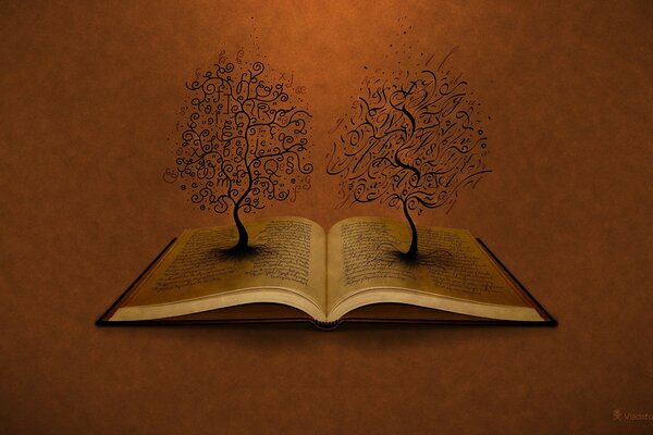 Trees from a book on a golden background