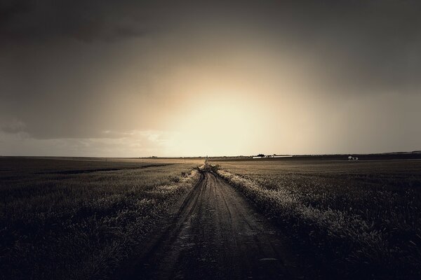 A deserted road going to sunset