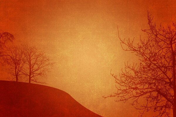 Landscape. Vintage. Trees. Orange background