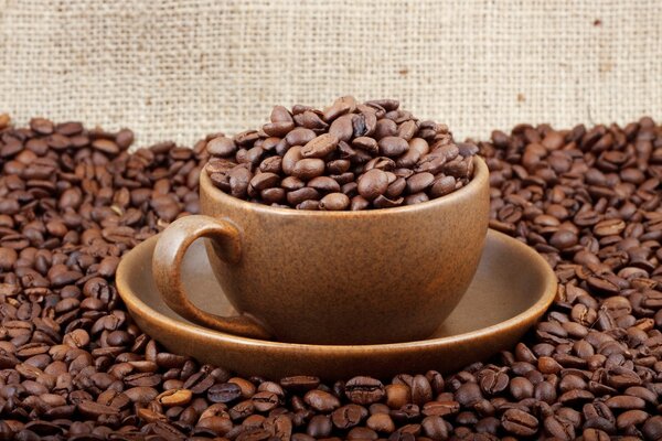 Tasse avec des grains de café sur la table