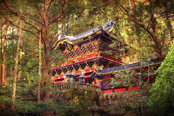 Um belo templo em uma floresta ensolarada