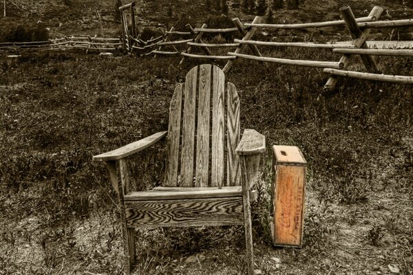 Antique wooden chair in the yard of the house