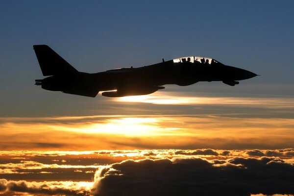 Silueta de un avión volando en el fondo de una puesta de sol