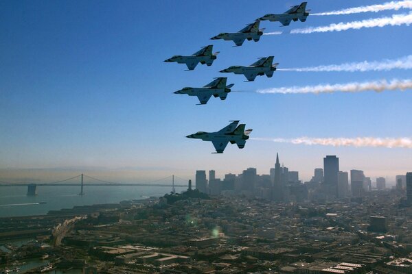 Military squadron in the sky over the city