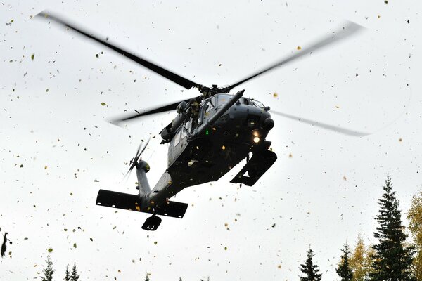 Der Hubschrauber hebt ab und die Blätter fliegen vom Wind