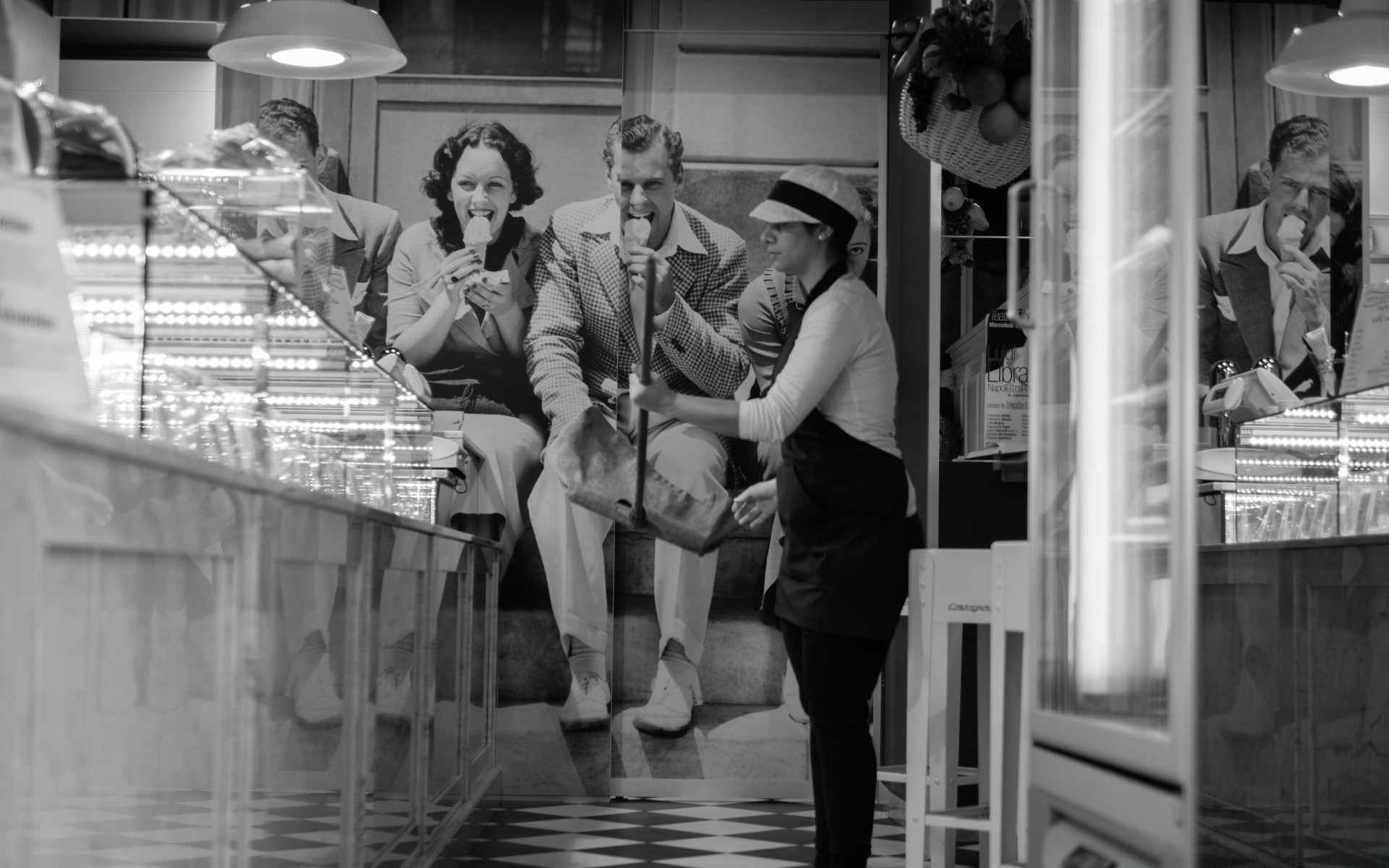 vintage adult monochrome woman group man two wear street indoors