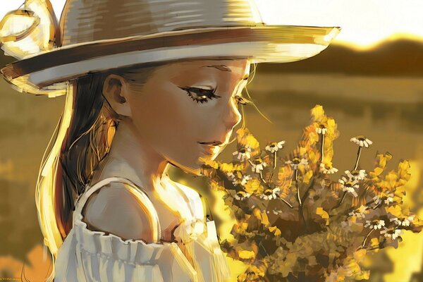 فتاة في قبعة من القش مع باقة من الزهور البرية