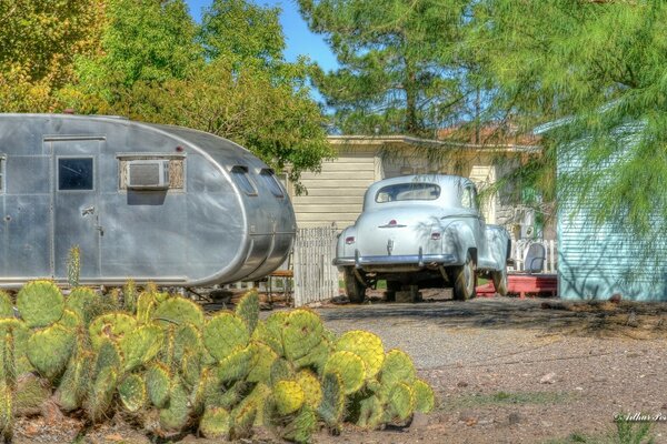 Cacti, an old car, a house-trailer, teach from the earth