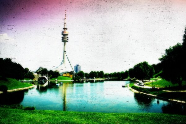 A pond in a park with an unusual structure