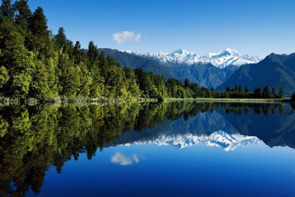 Pure reflection of mountains and trees in the lake