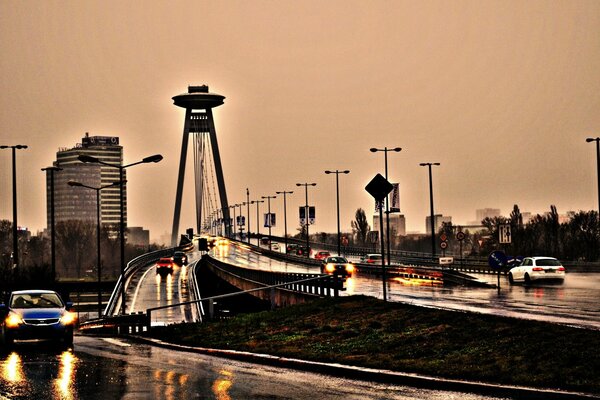 Modern city after heavy rain