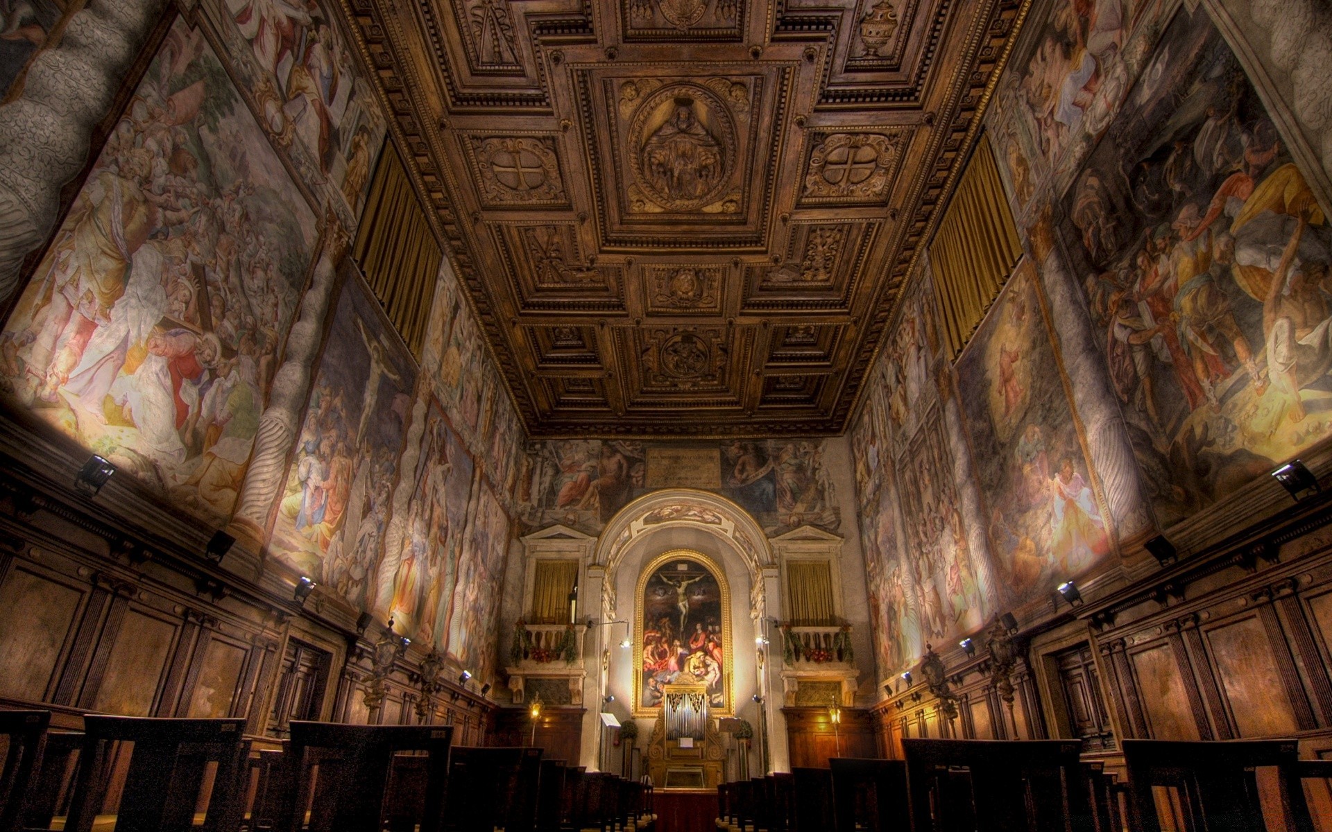 vintage église intérieur religion plafond cathédrale architecture à l intérieur voyage chapelle peinture monastère banc arche art autel musée