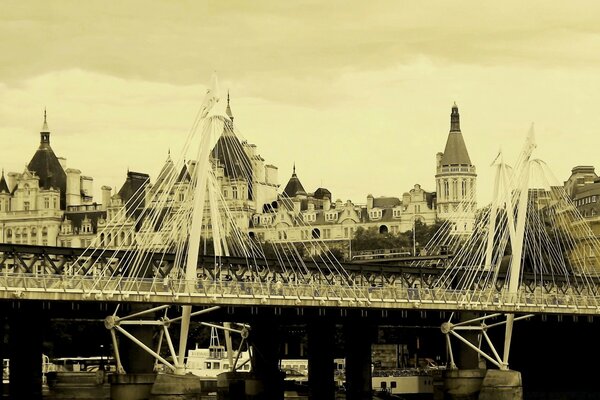 Vintage suspension bridge over the river