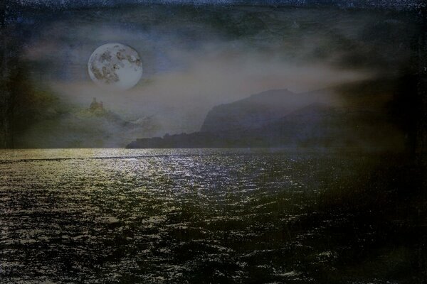 Lake in the moonlight, vintage photo