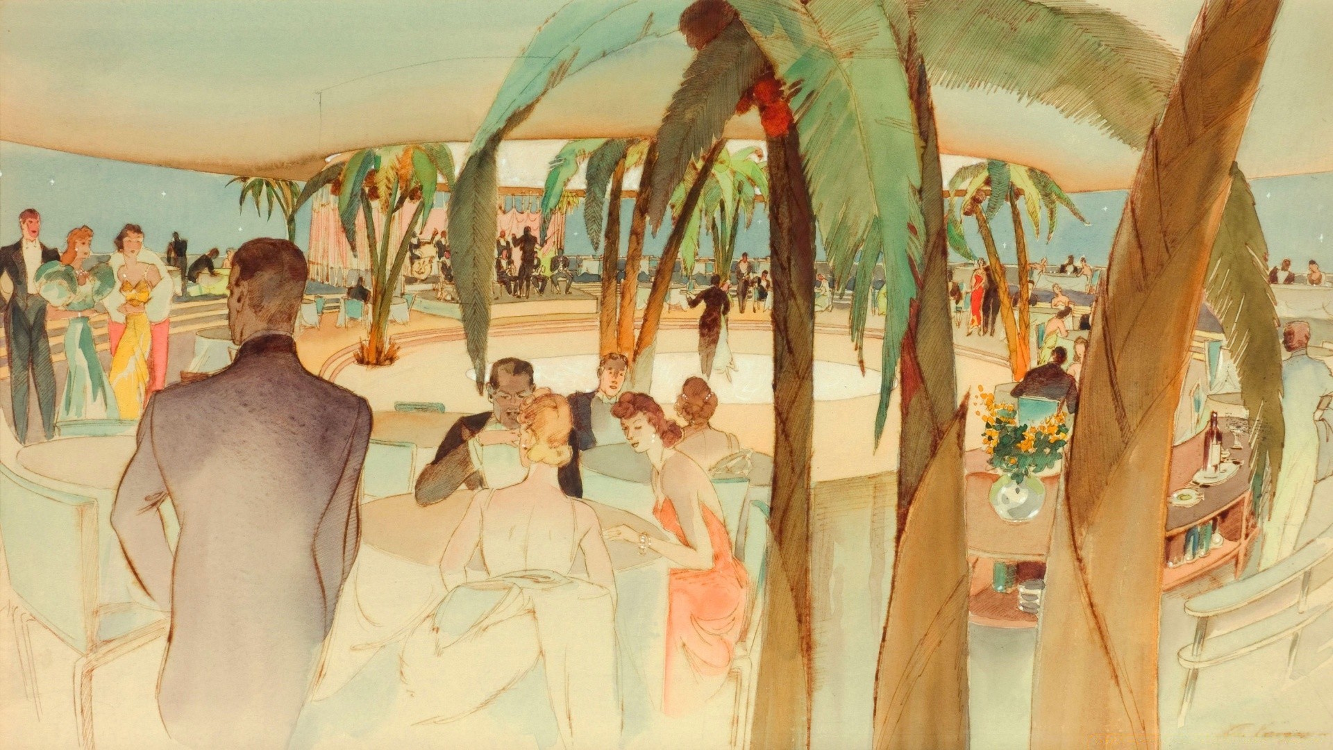 vintage adulto mulher homem férias grupo viajar usar arte pintura praia férias