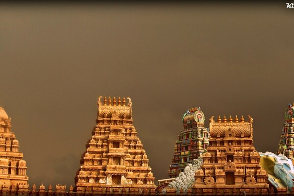 Temple architecture on a brown background