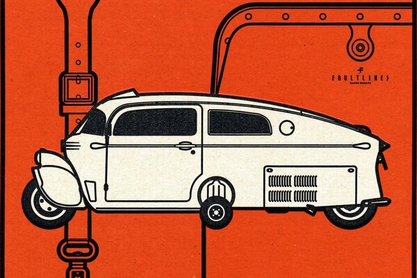 Vintage illustration of a white car on a red background