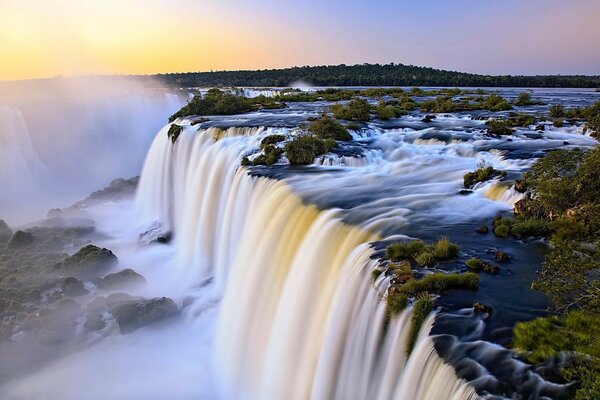 Cascada que cae y bosque verde al amanecer