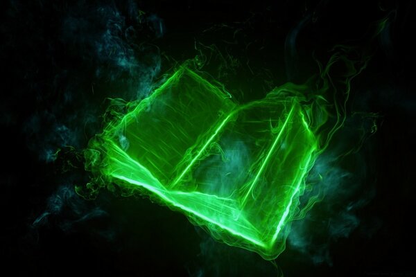 A green glowing book in the dark