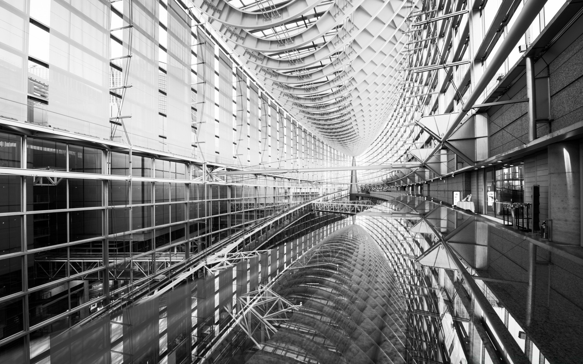 black and white business steel architecture modern urban perspective city monochrome airport futuristic building glass reflection technology industry expression indoors tube transportation system