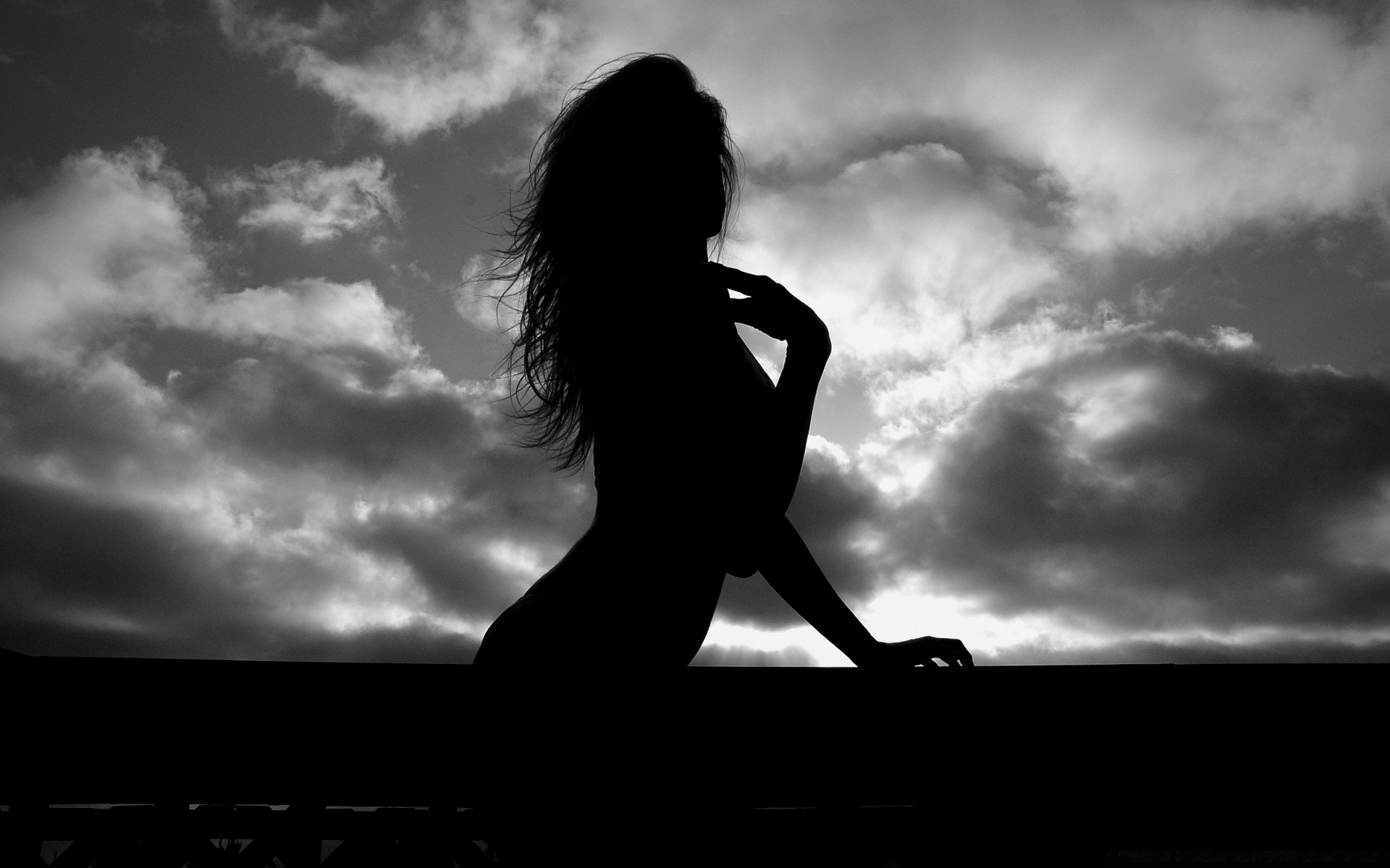 black and white monochrome silhouette girl sunset backlit shadow sky portrait beach light sun woman dawn cloud landscape one dark sea