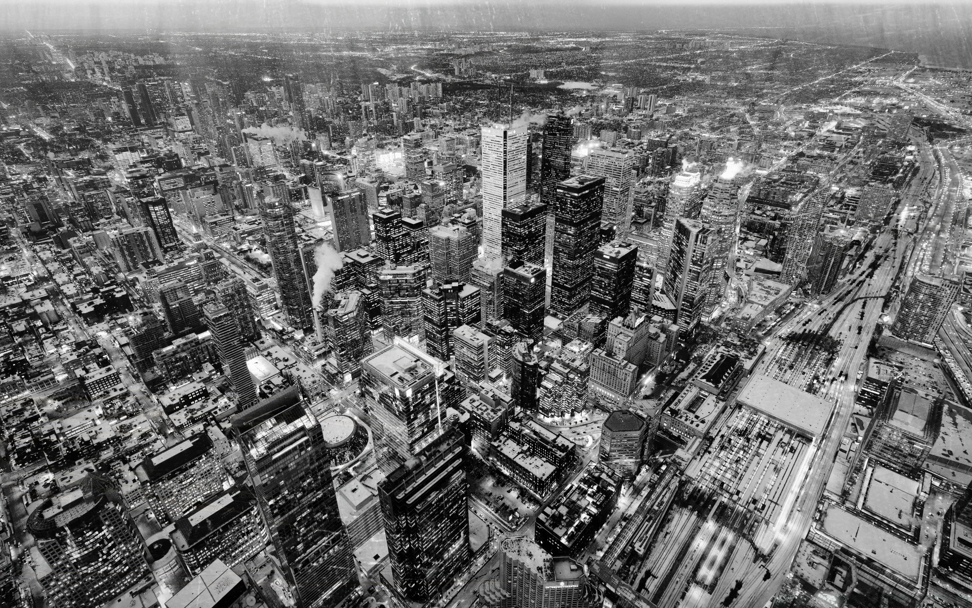 black and white city aerial cityscape skyline skyscraper street road many architecture urban