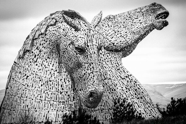 Arte en blanco y negro de la estatua de los caballos